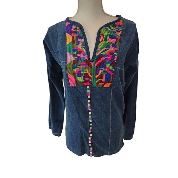 Peruvian Embroidered Demin Blue Tunic Long Sleeve Pullover Blouse M Shirt Boho - Picture 1 of 4
